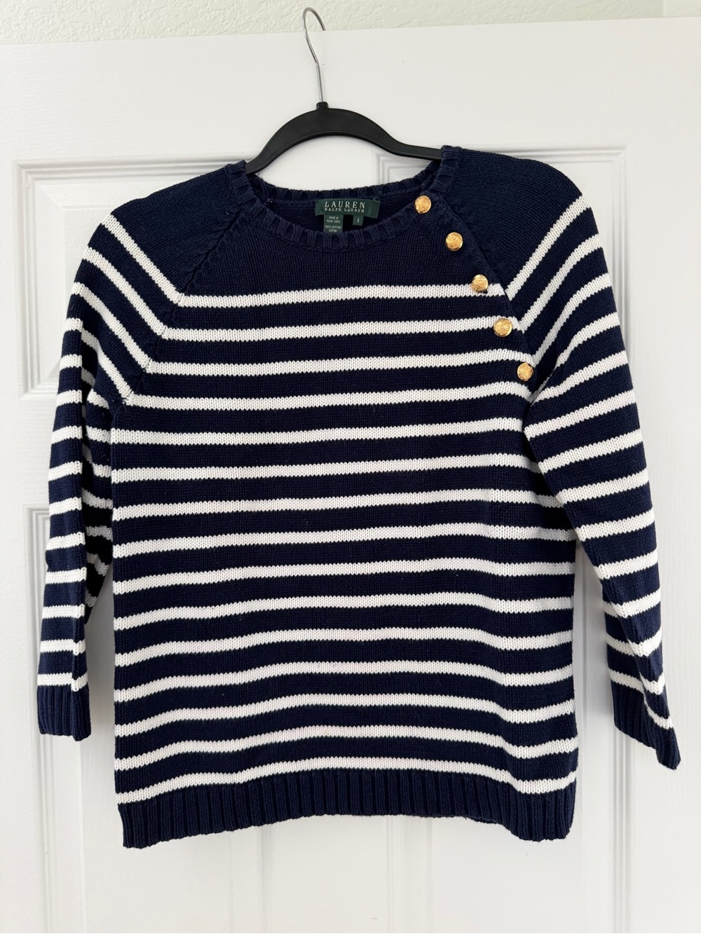 Lauren Ralph Lauren Navy & White Cotton Striped Button-Shoulder Sweater